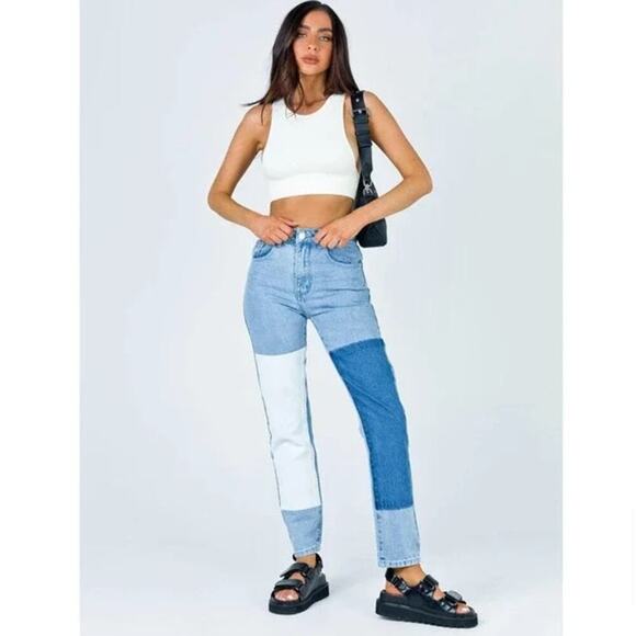 Princess Polly COFIELD MOM JEAN PATCH DENIM Womens 6 High Rise Two Tone Patch - Picture 1 of 13